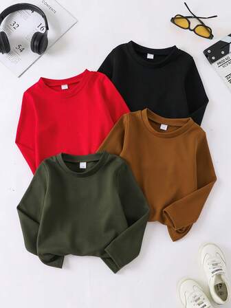 Set de 4 camisetas de manga larga con cuello redondo y unicolor, estilo casual, para estudiantes y actividades al aire libre para niños de 3 a 7 años