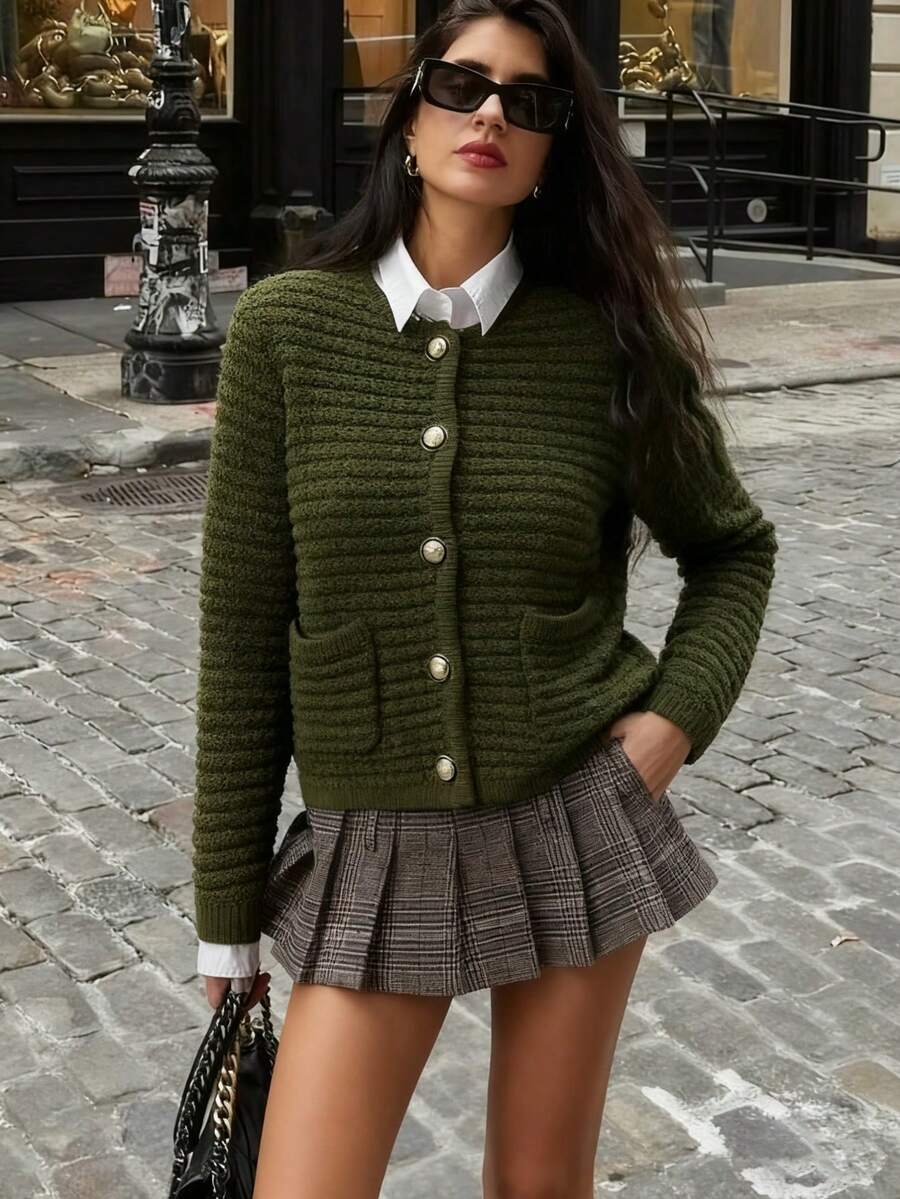 2025 Damen Herbst/Winter Neue Vintage Taschen Langarm Einreiher Lässig Jacke - Weicher Retro Lässig Eleganter Französischer Stil Strickjacke, geeignet für Ausflüge, Urlaub und Zuhause tragen