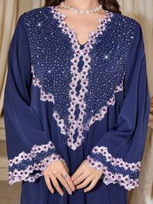 Elegant V-Neck Rhinestone Embellished Loose Long Robe Dress, Long Sleeve - Navy Blue - View 2