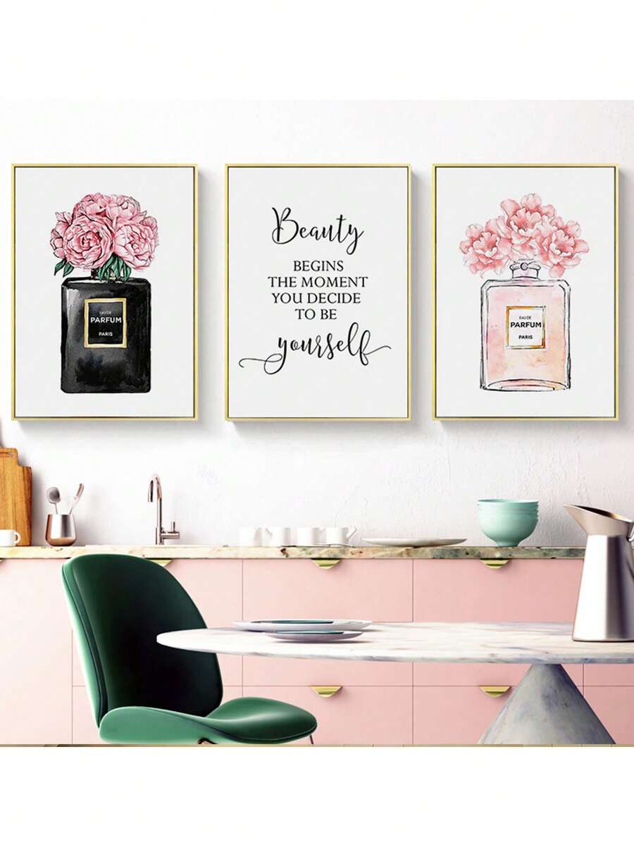 CPWAD 3pcs/Set New Nordic Pink Floral & Perfume Bottle Art Prints, Wall Decoration, Canvas Painting, Modern Minimalist Home Decor For Living Room Bedroom, Unframed,Wall Art,Poster Gifts Birthday Graduation