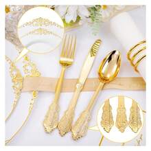 White Plastic Plates Disposable Set - 350pc Party Dinnerware, Includes Plates, Cutlery, Napkins, Cups For 50 Guests - Thanksgiving, Weddings, Events - 如圖/Y - 查看 4