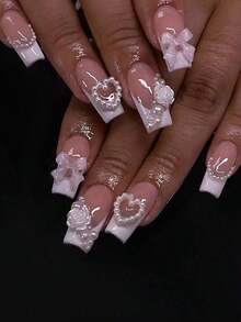 24pcs Rectangular Nail Stickers, White French Tip Design Weddings, Adding Atmosphere Women And Girls.Set Includes 1pc Gel And 1pc Nail File, Plus Other Manicure Accessories. - Nhiều màu - Xem 7