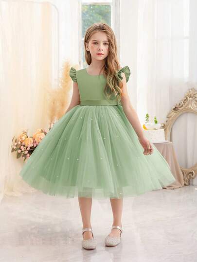 Young Girl Mint Green Ruffle Trim Mesh Party Dress, Elegant Princess Style Dress Suitable For Girls Birthday Party, Christmas Gift, Formal Occasion, Casual Daily Wear, Flower Girl Wedding Dress