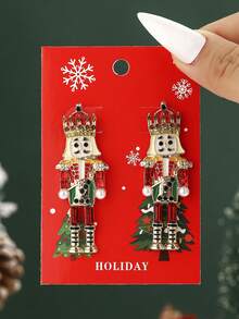 1 对粉色合金独特胡桃夹子士兵形象耳环，独特的粉色士兵设计和水钻女士耳环，合金首饰，个性化圣诞礼物 - 紅色 - 查看 2