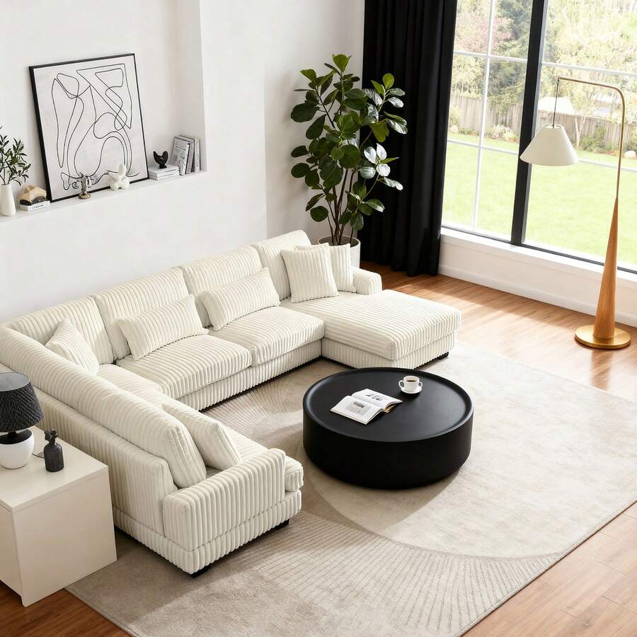 Modern Style U-Shaped 129-Inch Oversized Modular Sofa, Terry Fabric, With Reclining Seat, Durable, Comfortable Design, Simple And Elegant, Suitable For Living Room,Beige - Beige - View 1