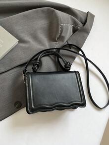 Fashion Solid Color Handbag, Casual Crease Flap Small Square Bag With Bowknot Metal Hardware Lock Closure, Tote Shoulder Crossbody Bag For Women, Spring/Summer New - Black - View 9