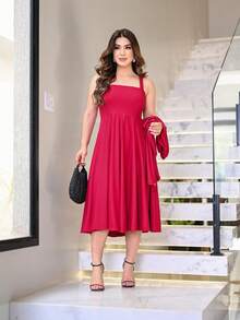 Midi Flared Dress + Blazer Set Elegant Executive Evangelical Fashion - Đỏ - Xem 2