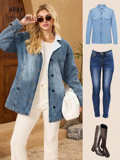 女士中蓝色保暖牛仔夹克，休闲宽松中长款翻领大衣，秋冬季日常通勤和街头穿搭必备单品