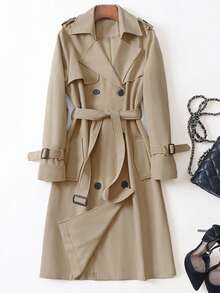 女士百搭优雅秋冬风衣，时尚通勤休闲长款风衣，英伦风 - 卡其色 - 查看 5