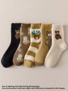 1/3/5 Pairs Random Delivery Women's Colorful Plush Bear Pattern Comfortable Thickened Warm Crew Socks For Home, Cozy - Multicolor - View 9