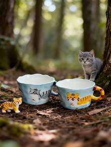 1 pièce Tasse à café en céramique peinte à la main avec motif de chat mignon de dessin animé, sous-glaçure colorée, tasse à thé de l'après-midi, tasse de couple créative de haute valeur - tasse - Voir 2