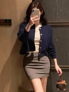 DAZY 纯色休闲开衫，秋冬，长袖上衣，秋季女装夹克 - 藏蓝色 - 查看 3
