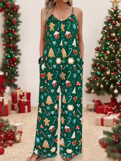 Women's Christmas Gingerbread Print Spaghetti Strap Jumpsuit, Festive Christmas Cookie Fashion Gingerbread Print Clothing, Ideal For Holiday Parties & Casual, Must - Have Winter Outfit, Stylish Xmas Clothes,Fashion Christmas Clothes ,Casual Fall Women Clothes