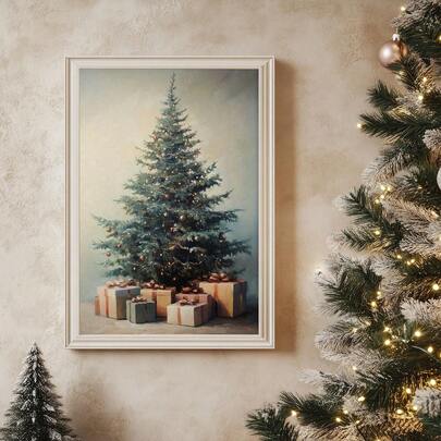 1pc, Canvas Wall Art, Framed Wall Decor, Vintage Christmas Tree Gift Canvas Art Print, Christmas Wall Decor, Suitable For Living Room, Bedroom, Office, Room Decor, Christmas Home Decor