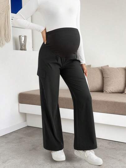 Maternity Knit Fabric Long Cargo Pants, With Pockets, Medium Stretch, Black, Comfortable Maternity Wear