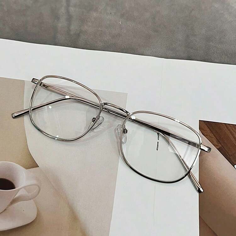 方形金屬眼鏡框，透明鏡片無度數眼鏡，中性日式風格裝飾眼鏡，女性時尚眼鏡配件 - 2PCS-銀色+黑色 - 查看 3