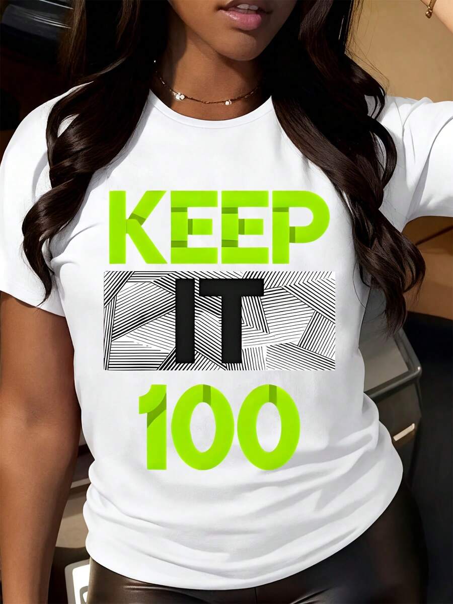 Keep It 100 T-Shirt - Bold Neon Green Patterned Women's T-Shirt, Fashionable Streetwear, Fashion Manifesto Shirt, Daily Casual Round Neck Top - màu đen - Xem 1