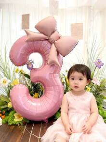 2pcs Pink Decorative Balloon Set, 40-Inch Pink 0-9 Number Foil Balloons, Pink Bow-Shaped Balloons For Birthday Party Decorations