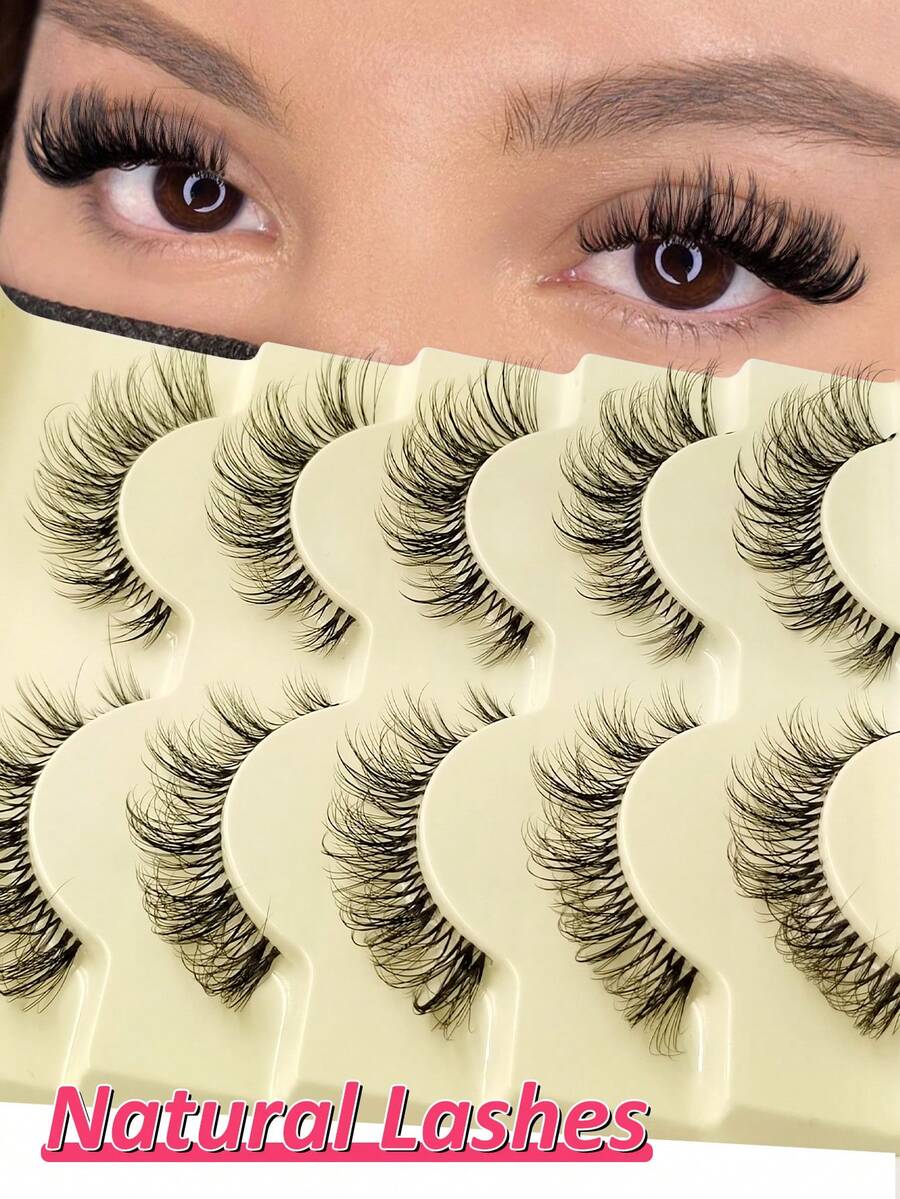 Rikuaild 5 Pairs Doll-Like Natural False Eyelashes - Transparent Band With Cartoon Style Lashes, Extended Outer Corner Design For Natural Makeup Look - Reusable False Eyelashes - 自然纖長款 - 查看 1