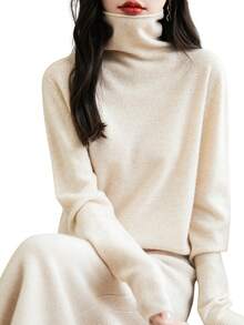 Women's 100% Merino Wool Seamless Turtleneck Long Sleeve Knit Sweater - Beige - View 3