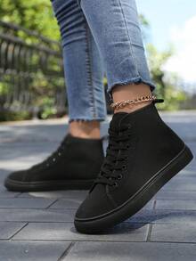 女士高帮运动鞋，经典高帮帆布鞋，系带女士时尚运动鞋 - 黑色 - 查看 5