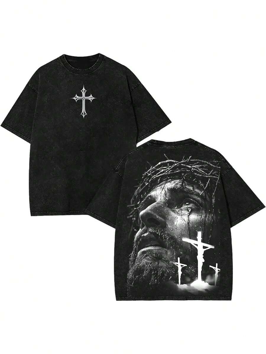 230g Double-Sided Washed, Jesus Also Sighs Printed T-Shirt, High-Quality Wax Printed Cotton Retro Fashion Brand T-Shirt, Men's T-Shirt, Halloween Costume, Holiday Gifts, Bible, Faith - 黑色 - 查看 1