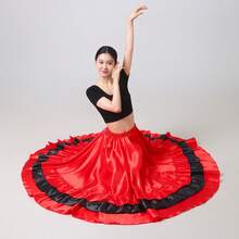 1件红色黑色全圆摆长裙 女士肚皮舞飘逸波西米亚风长裙 缎面轻盈夏季沙滩派对大下摆裙 优雅A字摆裙 - 紅色 - 查看 12