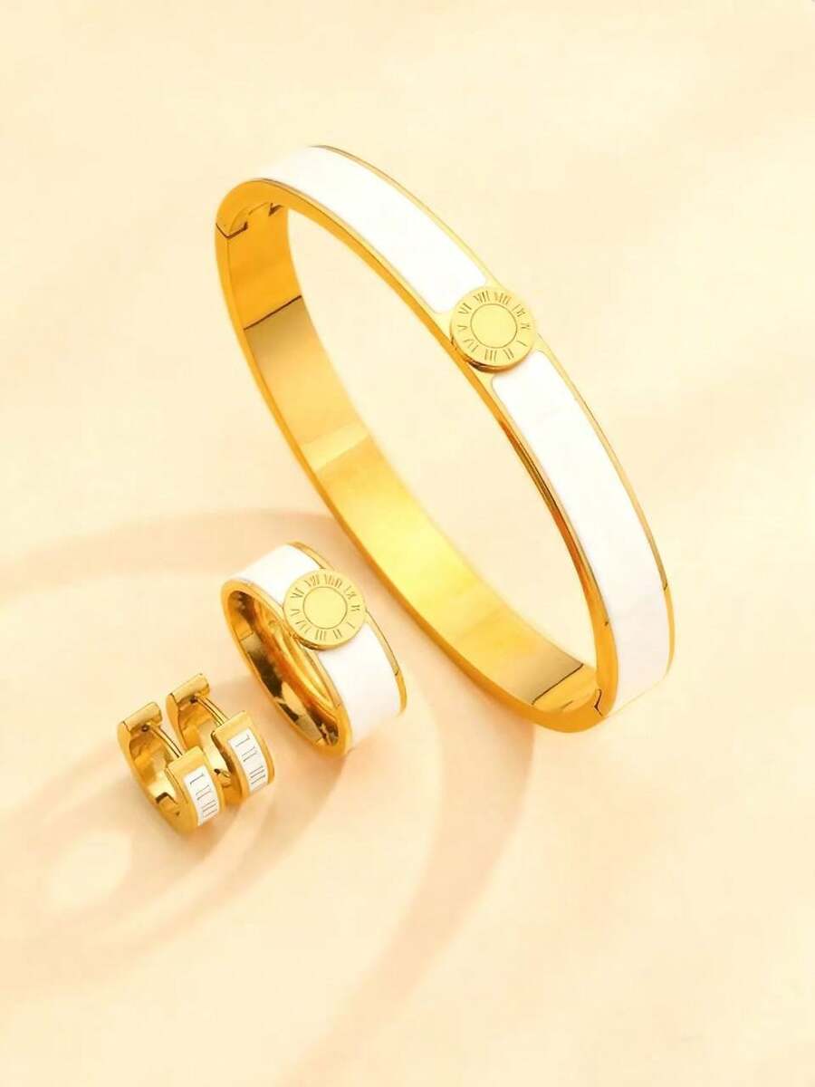 1 Set/4pcs New Fashion Roman Numeral Bangle Bracelet, Stainless Steel Resin Bracelet, Ring, Earrings, Gold Jewelry Gift Set For Relatives And Friends