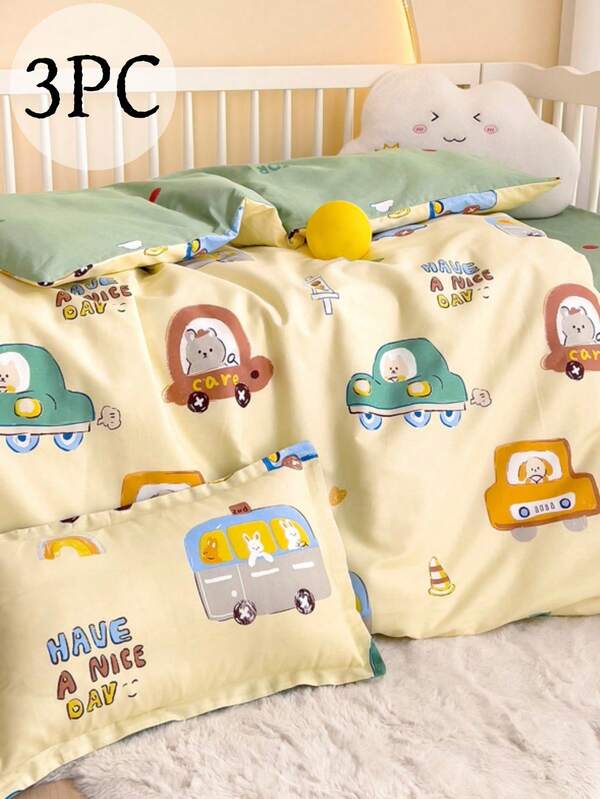 Juego de ropa de cama cómoda, autobús amarillo, estampado de animales de dibujos animados, juego de 3 piezas para niños que incluye 1*Funda nórdica + 1*Funda de colchón + 1*Funda de almohada, funda nórdica, funda de colchón, funda de almohada sin relleno, regalo de ropa de cama para niños, apto para todas las estaciones, lavable a máquina (Funda nórdica: 120x150cm)