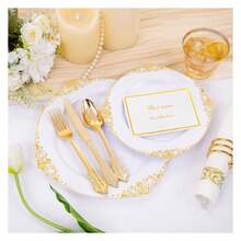 White Plastic Plates Disposable Set - 350pc Party Dinnerware, Includes Plates, Cutlery, Napkins, Cups For 50 Guests - Thanksgiving, Weddings, Events - 如圖/Y - 查看 8