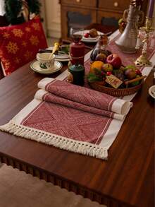 1 pieza Camino de mesa navideño rojo con diseño geométrico jacquard, decoración navideña de granja vintage con flecos, adecuado para Navidad, reuniones familiares, fiestas de hotel, cenas de boda, decoración de mesa de comedor, decoración del hogar, decoración del ambiente navideño, Feliz Navidad - Rojo - Ver 9