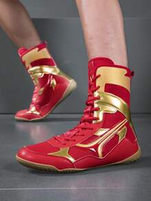 1 Pair Men's High-Top Wrestling Shoes, Men's Professional Sports Shoes For Boxing, Fencing, Wrestling, MMA, Martial Arts Training, Women's Professional Indoor Equipment, Boxing Shoes For Competition And Training, Wrestling, Fighting, Weightlifting, Squats, Gym Shoes, Size 39-47 - Red - View 4