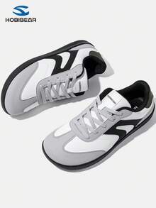 HOBIBEAR Plus Size Women's Casual Sneakers, Student School Shoes, Beige Fashion Flat Lace-Up Comfort Sports Shoes - White and Black - View 4