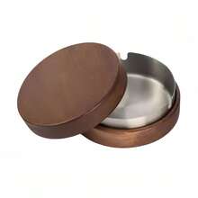 1pc Walnut & Stainless Steel Ashtray, Round Tabletop Ashtray, Ashtray With Lid, Dustproof Ashtray, Windproof Ashtray, Detachable Magnetic Design, Easy To Carry, Easy To Wash, Non-Slip Base