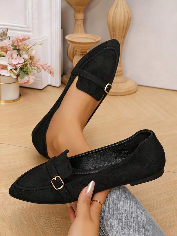 1 Pair Women's Comfortable Soft Bottom Pointed Toe Slip-On Flats With Buckle Decor, Black Casual Loafers For Elegant, Daily, Commuting, Office Wear, All Season