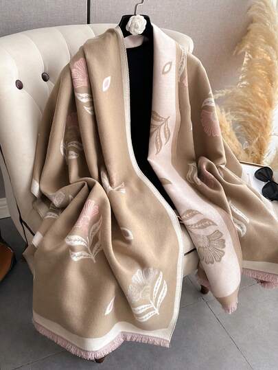 1件装女士双面仿羊绒撞色时尚多功能空调披肩围巾，厚实保暖，适合日常使用，秋冬季搭配连衣裙