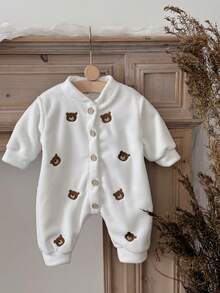INS Baby Girls Bear Embroidery Thermal Lined Long Sleeve Jumpsuit, Warm For Winter
