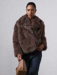 女式休闲仿毛领长袖外套夹克，时尚优雅，秋冬 - 咖啡棕 - 查看 3