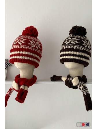 2pcs/Set Ear Warmer Knit Beanie Hat, New Arrival Fair Isle Jacquard Knitted Winter Hat For Women, Thick Warm Ear Protection Cold Weather Cap, Vintage Fair Isle Knit Scarf Neck Warmer Hat Set, Thick Warm Christmas Snowflake Stripe Beanie Winter Gear