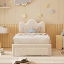 Marco de cama de tamaño doble Boucle Princess para niños/niñas - Marco de cama tapizado con cabecera en forma de flor, Cama de plataforma led con 1 cajón de almacenamiento, Soporte de láminas de madera maciza, No se necesita muelle de caja, Fácil montaje, Blanco - Blanco - Ver 6