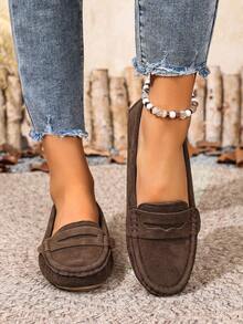 新款女士绒面针织咖啡棕色平底鞋,优雅仿绒面深棕色平底鞋,四季皆宜的舒适纯色套脚乐福鞋,圆头百搭休闲高端轻便户外/工作鞋,适合女性,工作鞋,女士套脚鞋,女士正装鞋,商务休闲女鞋 - 咖啡棕 - 查看 3