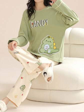  [AICJ Sleepwear]2pcs/Set Women Casual Dinosaur Print Long Sleeve Top And Pants Lounge Set, Spring/Summer/Autumn Home Wear Cozy Outfit, Fall Winter Clothes