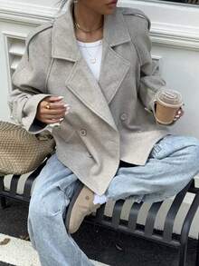 女士秋季休闲纯色常规款外套，时尚长袖插肩领双排扣梭织面料带口袋，女士冬季外套 - 杏色 - 查看 4