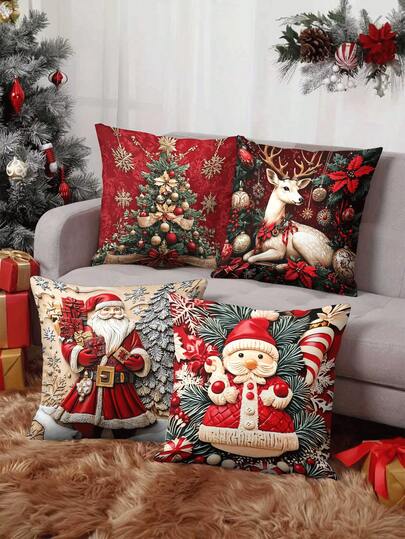 Capa de almofada para decoração de festa de Natal com 4 peças/1 peça - Papai Noel, rena, árvore de Natal e boneco de neve festivo, padrão 2D, 45 x 45 cm | Fecho de zíper | Cores brilhantes e material de poliéster | Para sala de estar, decoração de quarto, sofá e quarto (enchimento não incluído) Ótimo para decorações de Natal, festa de Natal, decoração de quarto, decoração de casa