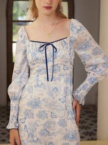 Simple Retro Women's Elegant Vintage Long Sleeve Square Neck Mid-Length Dress, Decorated With Knotted Details And Ruffle Hem - Blue - View 7