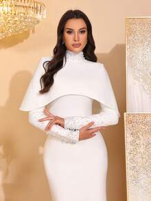 Black New Luxury Pearl Beaded Open Sleeve Elegant Stand Collar Long Sleeve Bandaged Long Dress Women' Ball Party Dress Eid Dress - White - View 8
