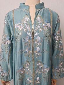 1pc Sequin Embroidered Muslim Women Abaya, Loose Fit Islamic Clothing, Dubai Style Robe, Suitable For Eid Al-Fitr