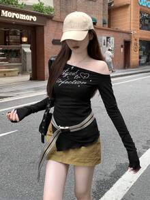 复古美式坏蛋不对称字母水钻缀饰长袖T恤，修身斜肩上衣，适合初秋 - 黑色 - 查看 1