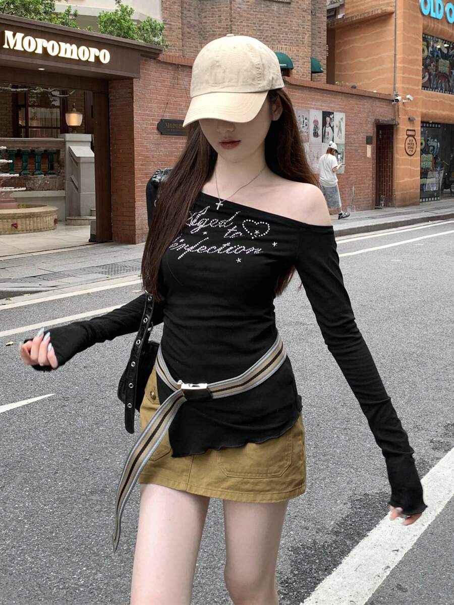 复古美式坏蛋不对称字母水钻缀饰长袖T恤，修身斜肩上衣，适合初秋 - 黑色 - 查看 1