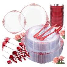 Red Plastic Plates Disposable Set - 350pcs Party Supplies For 50 Guests, 10.25" Dinner & 7.5" Dessert Plates, Silverware, Cups - Wedding & Party Tableware - 如圖/M - 查看 8